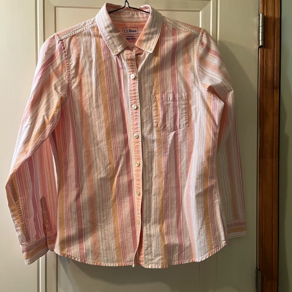 L.L. Bean Women's Pink and Orange Striped Button-Down Shirt